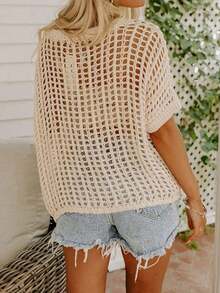 Summer Elegance Hollow-Out Short Sleeve Knit Sweater, Women's Beach Cover-Up - Apricot - View 4