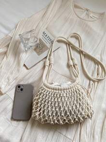 2026 Summer Beach Bag, Fashion Women's Shoulder & Crossbody Bag, Woven Hollow-Out Design Mini Pouch, Drawstring Straw Bag - Multicolor - View 8