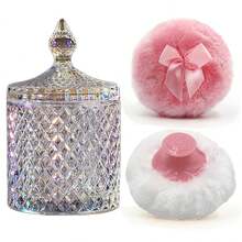 Luxury 4 Inch Glass Powder Container With 2 Soft Puffs For Loose Powder - 1 Handle 1 Bow Pink Puffs With Pointed Cylinder-dazzling Colors-large - View 12