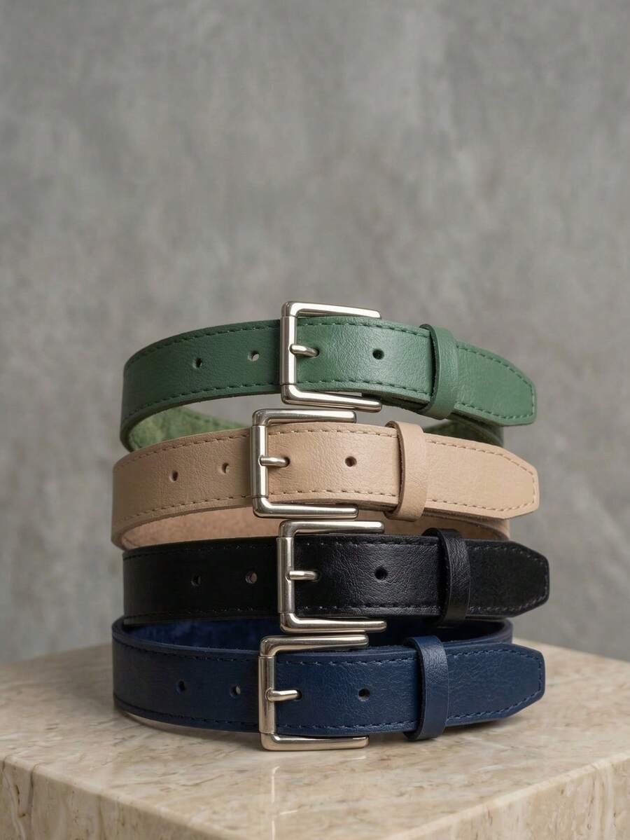 Women's Set Of Belts With Metallic Roller Buckle In Minimalist Faux Leather - 黑/綠/米色/藍 - 查看 1
