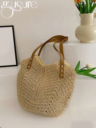 Túi đeo vai bằng rơm thủ công thời trang dành cho nữ, túi xách du lịch đi biển, túi mua sắm cho nữ, túi rơm mùa hè kiểu dáng nữ tính, túi đeo vai bằng rơm, túi đan mây, túi xách tay có quai cầm, túi raffia móc rỗng, túi đi biển, túi xách thường ngày.