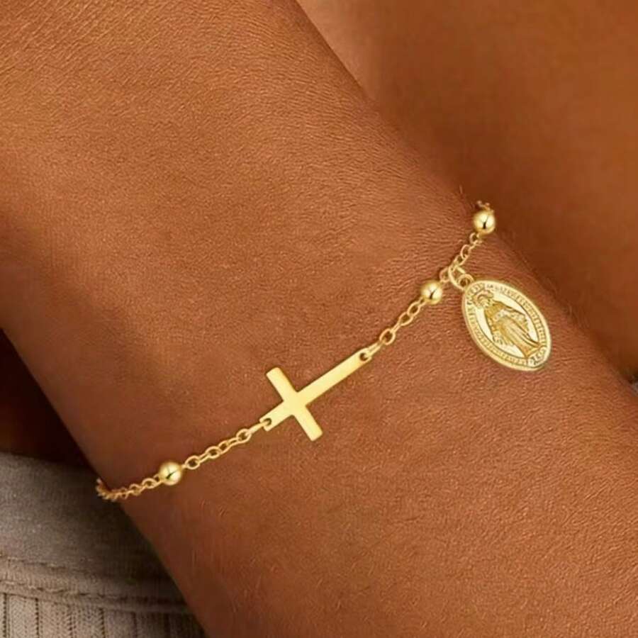 1pc Women's Virgin Mary Cross Chain Bracelet, Stainless Steel 14K Gold Plated, Faux Pearl Gold Bead Pendant, Christian Gift, Faith Gift, Cross Gift, Friendship Gift - Gold - View 1