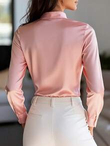 Women's Elegant Satin White Long Sleeve Shirt - Versatile Solid Color Button-Up Blouse, Classic Collar, Soft And Smooth Fabric, Non-Transparent Satin Material, Machine Washable And Dry Cleanable, Suitable For Office, Casual And Formal Occasions, High-End Style, Easy Care Fabric, Suitable For Spring, Summer, Autumn And Winter Pink - Pink - View 3