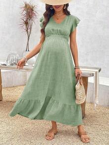 Maternity Casual Shirred Cap Sleeve Shirred Waist Ruffle Hem Dress - 綠色 - 查看 5