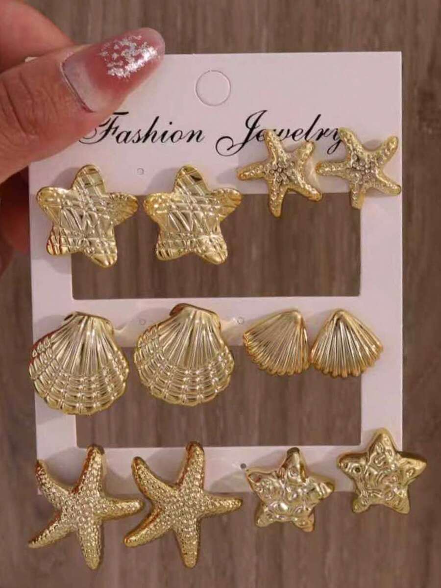 Set de 2-12 piezas de pendientes con estrella de mar y concha dorados de moda, adecuado para usar en verano, viajes y vacaciones - Dorado - Ver 1