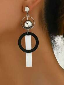 Retro Style Round Acrylic Hoop Earrings, Suitable For Women's Daily Wear - Black and White - View 2