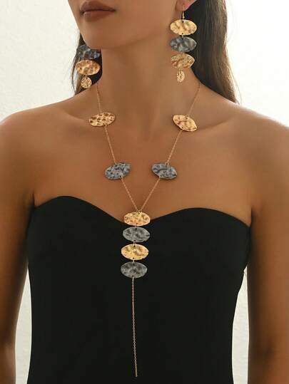 1 Set de Joyería con Collar y Aretes con Forma de Elipse Geométrica Plisada y Bloque de Color en Forma de Y, Diseño Elegante
