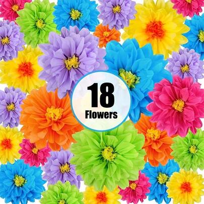 18 bộ hoa giấy nhiều màu sắc tươi sáng, thích hợp để trang trí các sự kiện lễ hội như đám cưới, tiệc sinh nhật, ngày Valentine, v.v., cũng như trang trí tường phông nền chụp ảnh và làm khăn giấy, bông trang trí hình hoa.