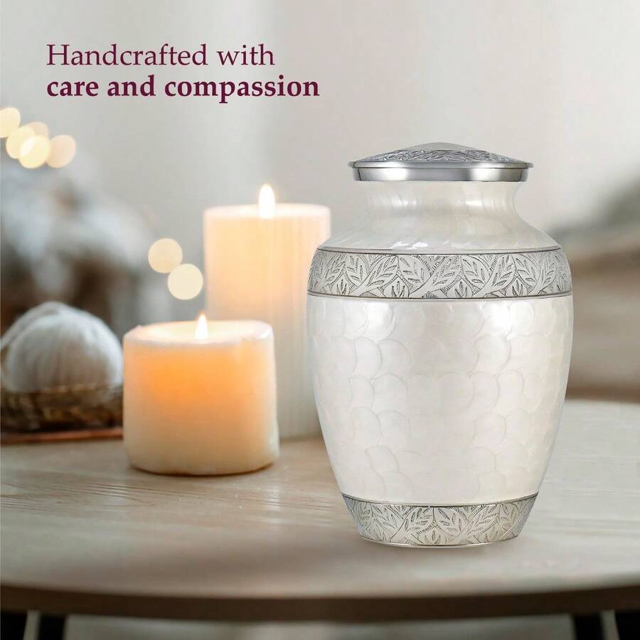 Trupoint Memorials Cremation Urn For Ashes For Women Female, Urns For Human Ashes Male, Engraved Mother Of Pearl Funeral Urn For Adult Man, Silver Lining Large White - Pearl - View 1
