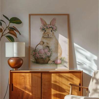 1幅无框平面艺术画，以兔子和复活节彩蛋为主题的艺术海报，水彩风格墙面装饰，适用于客厅、卧室、厨房和办公室，柔和的粉色，清新风格的帆布墙画，节日装饰