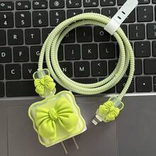 Cute Yellow Bow Decor Data Cable Protector, Compatible With 18/20W Charger Protective Case, Data Cable Protector Cord, Anti- Protector, Charger Accessory, Phone Accessory - Wave Green Five-piece Set - View 7