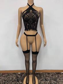 Bộ đồ lót gợi cảm hai mảnh dành cho nữ, gồm áo cổ ngắn kiểu râu mềm mại và tất dây, tôn lên vẻ đẹp dịu dàng của đồ lót gợi cảm dành cho phụ nữ. - màu đen - Xem 1