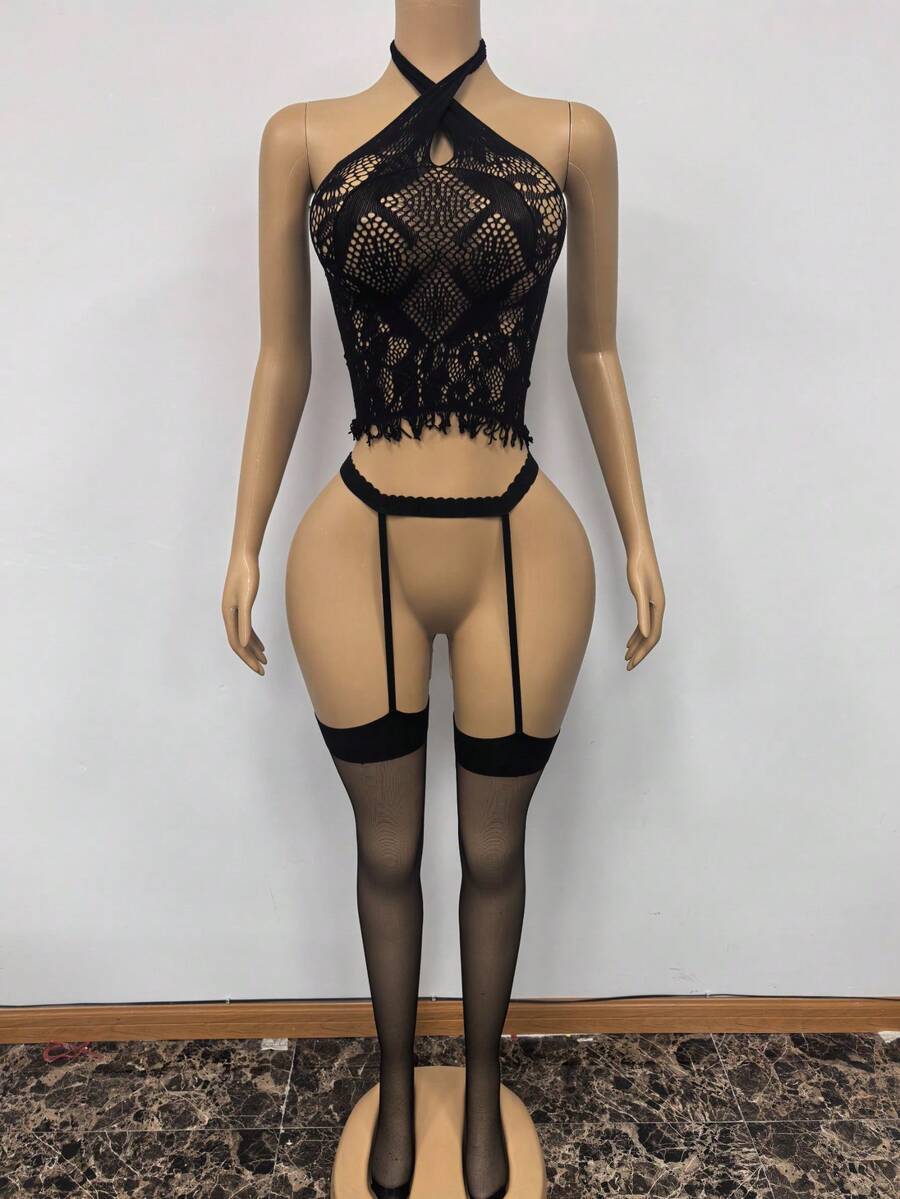 Bộ đồ lót gợi cảm hai mảnh dành cho nữ, gồm áo cổ ngắn kiểu râu mềm mại và tất dây, tôn lên vẻ đẹp dịu dàng của đồ lót gợi cảm dành cho phụ nữ. - màu đen - Xem 1