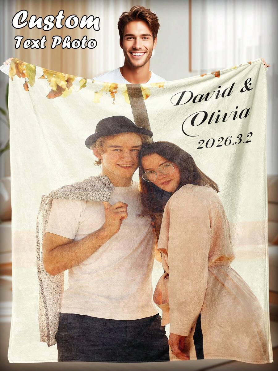 1pc Customized Photo Blanket, Customized Text With Photo Flannel Blanket, Bedding Blanket, Customized Blanket, Customized Image Blanket, Personalized Family Photo Blanket, Customized Graphic Blanket, Personalized Blanket With Image, Friend Blanket, Cozy Blanket, Family Gift, Wedding Gift, Mother's Day Gift, Birthday Gift, Office Use Blanket - Multicolor - View 1