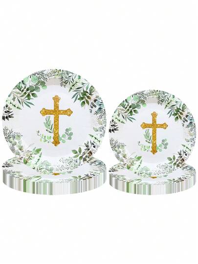 10pcs/20pcs/30pcs 7/9inch Golden Cross Pattern Plates ,First Holy Communion Tableware,Newborn Baby-Shower Eucalyptus Leaves Sage ,Disposable Paper Dinnerware For Christening Religious Church Party Family Dinner, Themed Party For Men Women