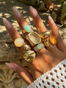 7pcs/Set Lava Liquid Metal Asymmetrical Flow Or Hammered Texture Vintage Bohemian Style Acrylic Rings Set, Suitable For Parties, Gifts, Daily Wear  Boho    Zinc Alloy - 金色 - 查看 3