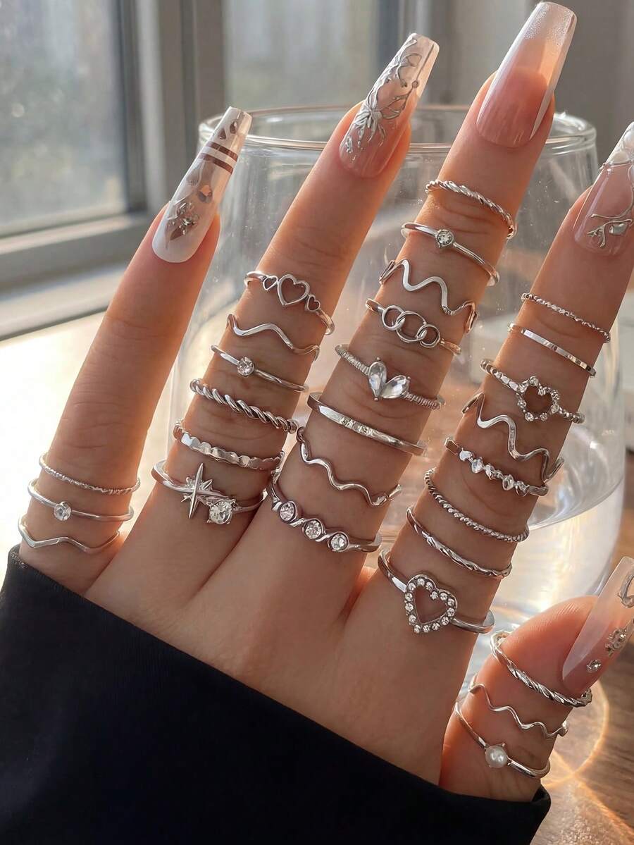 28pcs Asymmetrical Rhinestone Silver Tone Stacking Ring Set, Elegant & Personalized, Suitable For Women's Holiday, Gift, Daily Wear - Silver - View 1