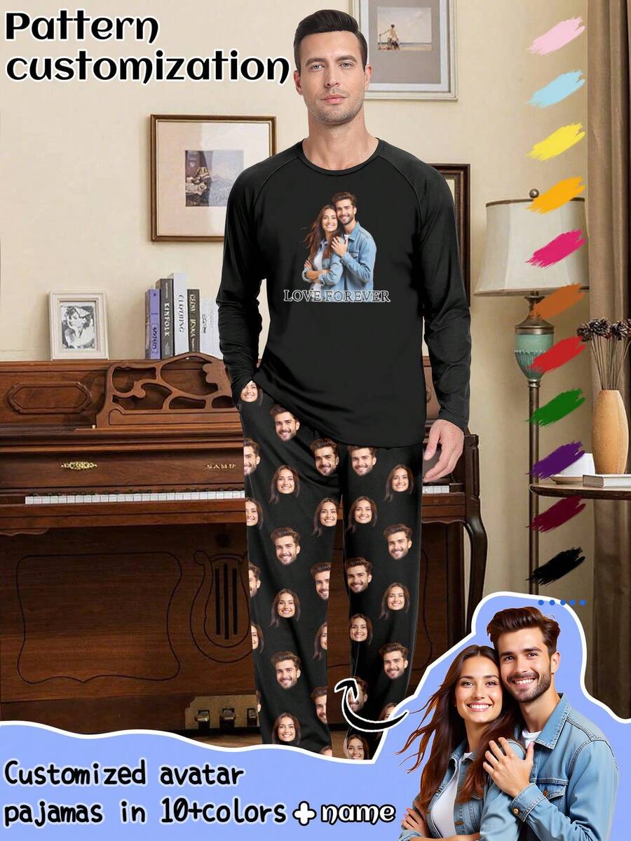 Printstory Custom Men's Pajama Set, Can Print Any Design, Personalized Photo Sleepwear, Unique Gift For Family And Friends, Men's Loungewear - Black - View 1