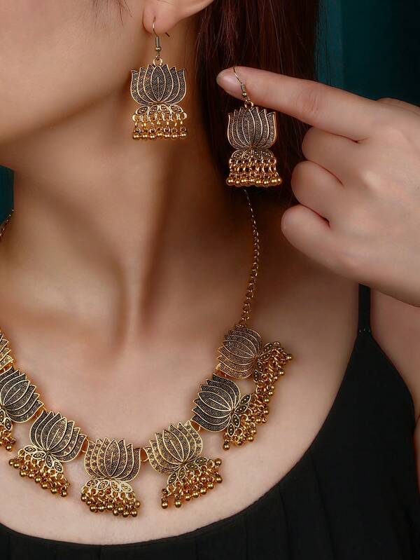 Vintage Exaggerated Handmade Bohemian Metal Tassel Necklace And Earrings Set