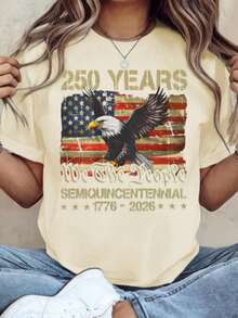 Women Loose 100% Cotton Graphic Tee, 250th American Independence Patriotic Print Top, Machine Washable Casual Outfit For 4th Of July Party Events - 杏色 - 查看 15