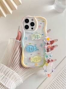 海洋彩绘海鱼装饰奶油色波浪边手链带简约防摔加厚手机保护壳，印花，兼容 17/17Pro/17ProMax/ 16 XR/7/8/ 15ProMax/12PROMAX/13PROMAX/14PROMAX/13/14/11/12P/14/P11/P12/XS/XR/78P/78GES2，适用于A134G/A22/A21S/A514G/A52/S22 Ultra/A335G/A34/A35，适用于Note 10/114G/11Lite/A53，TPU材质，适用于A14/A23/S23 Ultra/S24/A14/A15/S23/A73/A55/A54手机壳，国际版，非国内版 - 彩色 - 查看 3