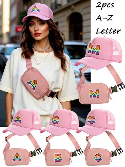 2pcs/Set Unisex Personalized 26 Letter Mesh Baseball Cap And Crossbody Bag Set, Breathable Multi-Functional Mesh Baseball Cap, Portable Phone Coin Purse With Adjustable Strap, Casual Daily Fashion Accessory, Suitable For Travel, Outdoor, Sports