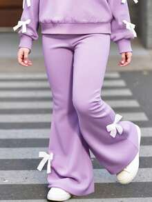 2pcs Girls Casual Sweatshirt And Flare Pants Set, Bow Decor Long Sleeve Crew Neck Top And Elegant Flared Trousers, Comfortable And Fashionable For Spring/Autumn - Lilac Purple - View 5