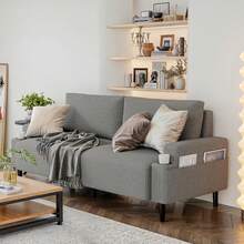 Sofá cama de 205 cm (80,7"), moderno, tapizado en tela, ideal para sala de estar, con estructura de madera maciza. Fácil de instalar. Perfecto para apartamento, dormitorio, residencia estudiantil u oficina. Color gris - Gris - Ver 7