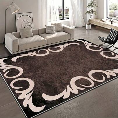 1pc Vintage Luxury Style Deep Brown & Beige Solid Color Scroll Pattern Rug. Velvet Material Weighs Approx. 850g, Thickness Approx. 0.6cm. Durable, Non-Slip, Easy To Clean Rug. Available In Multiple Sizes. Suitable For Kitchen/Living Room/Dining Room/Bedroom/Balcony/Bathroom/Study. Perfect Home Decor Choice.