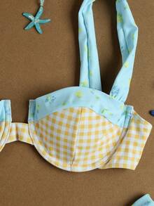 Bộ bikini nữ mùa xuân/hè mới, thích hợp cho kỳ nghỉ biển, hẹn hò, dự tiệc, thanh lịch, thường ngày, gợi cảm, họa tiết kẻ caro phối nhiều mảnh. - Nhiều màu - Xem 6