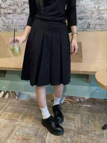 复古百褶A字裙，韩版 - 黑色 - 查看 4