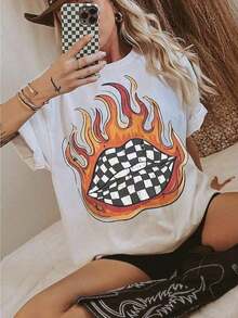 Checkered Flame Lips Shirt Western Graphic Tee Oversized Country Concert Tshirt  Western Clothes Retro Country Tee  Funny Graphic Tshirts - 白色 - 查看 1