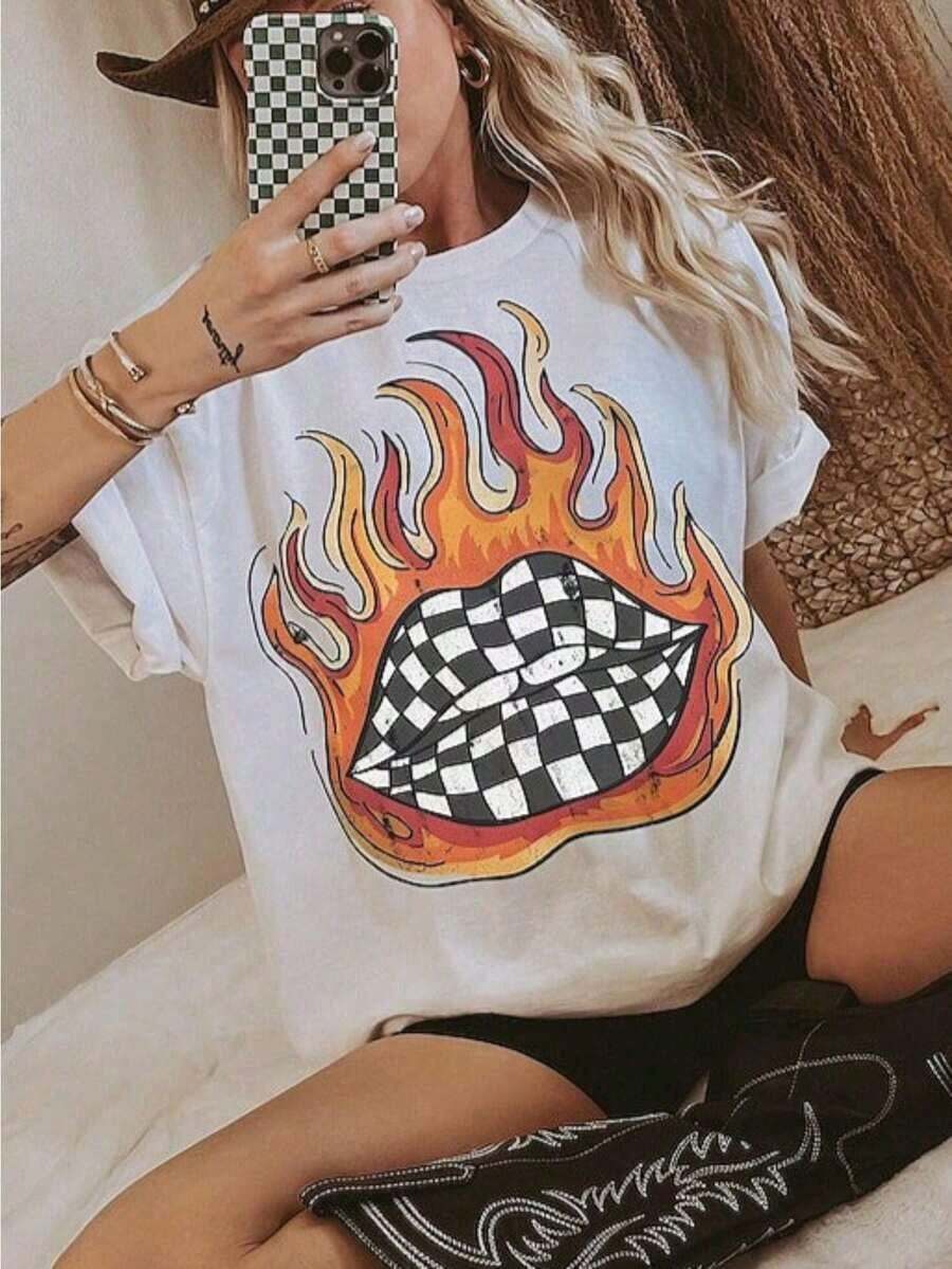 Checkered Flame Lips Shirt Western Graphic Tee Oversized Country Concert Tshirt  Western Clothes Retro Country Tee  Funny Graphic Tshirts - 白色 - 查看 1