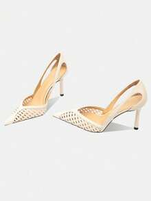 Sexy Rhinestone Fishnet Black Mesh High Heels, Unique Design, Pointed Toe, Suitable For Evening Gowns,Wedding Outfits - Beige - View 2
