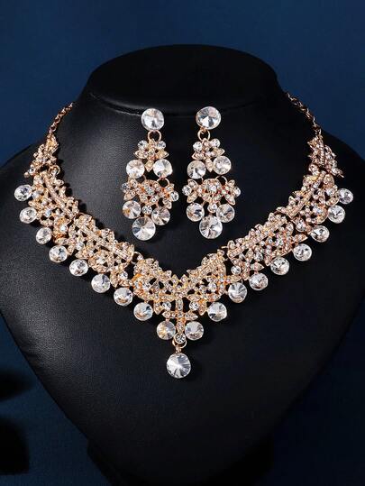 优雅经典项链套装，新娘婚礼珠宝，时尚派对配饰项链耳环三件套，婚礼季装饰