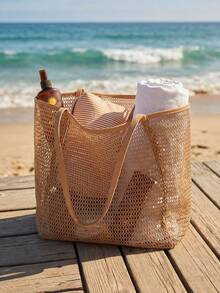 多功能网眼沙滩包，收纳包，单肩包，大容量东南亚风沙滩包，海边旅行包，水上活动收纳包。适用于健身房收纳、海滩娱乐、旅行、购物等场合。 - 彩色 - 查看 3