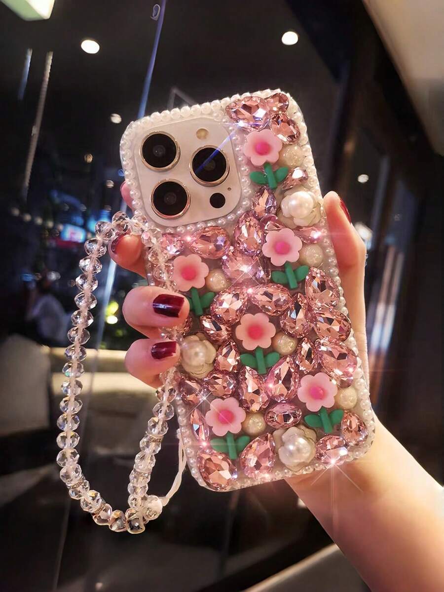 Rhinestone Flower Phone Case (With Chain) - Full Rhinestone + 3D Flower Pearl Design: Luxurious, Dazzling, Exquisite And Eye-Catching,International Version, Not The Domestic Version