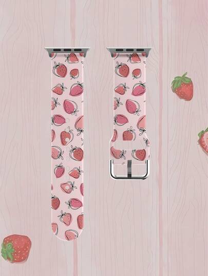 草莓手绘图案单条柔软弹性透气腕带，适用于三星、荣耀智能手表，尺寸可选38mm、40mm、41mm、45mm、44mm、42mm、49mm；日常节日礼物，时尚休闲多色硅胶表带，兼容苹果手表Ultra SE/11/10/9/8/7/6/5/4/3/2/1；草莓图案硅胶表带，兼容华为Watch 3/Galaxy、GT2/GT3以及任何20/22mm表耳宽度的手表。