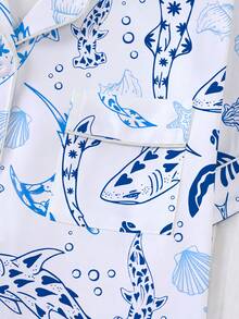 2pcs/Set Women's Pajama Set, Marine Life Print, Women's Loungewear, Spring/Summer Holiday Outfit, Short Sleeve Lapel Top And Shorts, Can Be Worn As Outerwear - Multicolor - View 4