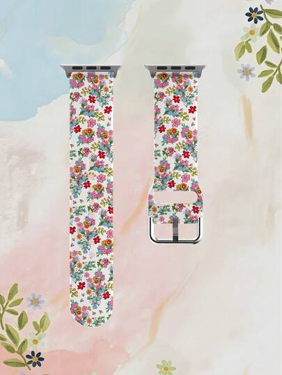 1pc White Background Green Leaf Floral Soft Elastic Breathable Replacement Watch Band, Suitable For Samsung, Honor Smartwatches, Sizes Available: 38mm, 40mm, 41mm, 45mm, 44mm, 42mm, 49mm, Fashionable Casual Multi-Color Silicone Watch Strap, Compatible With Apple Watch