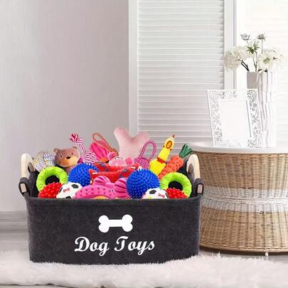 Wooden Handle Square Pet Storage Box - Durable Felt Pet Toy Storage Box - Polyester Material, Suitable For Cat/Dog Toys, Blankets, Leashes And Pet Food, Laundry Basket With Handle, No Battery Required