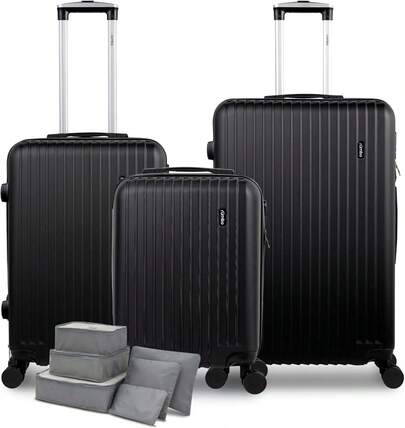 RUMBO Set de Maletas ABS Ultra Resistente con Tamaños 16", 20", 24" y 28", Ideal como Equipaje de Mano 55 * 40, Maleta Documentada y Maleta de Viaje 10 kg; Incluye Bolsas Organizadoras - Color Gris