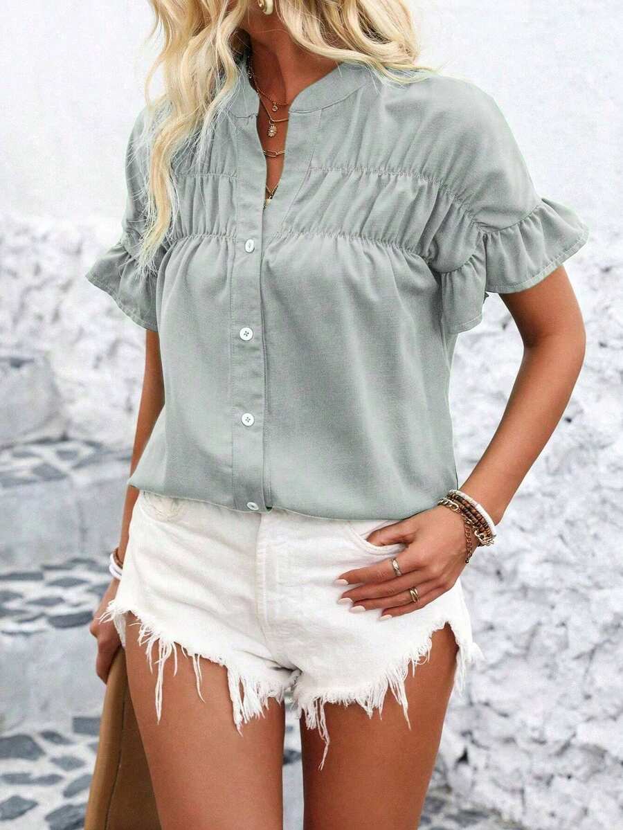 2026 European And American Women's Casual Short-Sleeve Ruched Shirt With Buttons, Solid Color Cotton-Linen Stand-Up Collar Blouse For Women - 銀灰色 - 查看 1