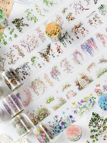 CANDY POETRY 1卷2米植物花卉图案和纸胶带，创意美学贴纸，DIY装饰剪贴簿工艺用品，节日礼物，个性化剪贴簿学习文具 - 薄荷綠 - 查看 2