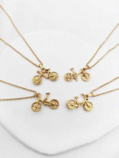 1pc Vintage 18K Gold Plated Stainless Steel Bicycle Pendant Necklace, Unisex Daily Wear
