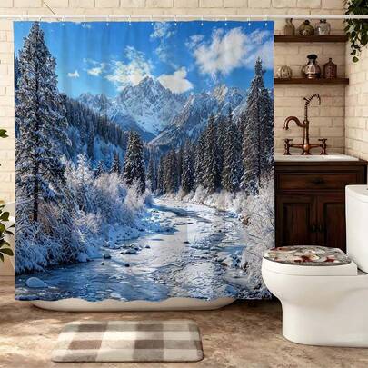 Snowy Mountain River Forest Shower Curtain, Winter Nature Landscape Bathroom Decor, Waterproof Scenic Shower Curtain With Hooks, Rustic Pine Tree Bath Curtain For Shower Stall & Bathtub, Outdoor Scenery Bathroom Accessories, Washable Winter Forest Print Shower Curtain, Blue Sky Snow Mountain Bath Decor