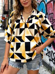 Women's Casual Vacation Shirt, Geometric Ruffle Hem, V-Neck Pleated Design, Bell Sleeves, Spring/Summer - Multicolor - View 7