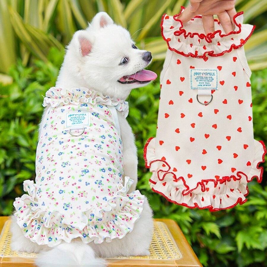 1 pieza Vestido de princesa de verano para mascotas, ligero y transpirable con volantes y estampado floral - Multicolor - Ver 1