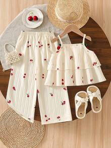 Girls' Summer Cream-Colored Cherry Print Camisole Double-Layer Top + Wide-Leg Pants 2 Pieces Set, Children's Sweet And Fresh Style Outfit Suitable For Daily Outings, Campus Wear, Family Trips, And Park Strolls - Gold - View 2