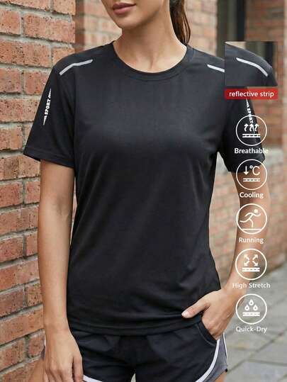 女士反光跑步T恤，速干字母印花运动上衣，休闲户外运动上衣，夏季